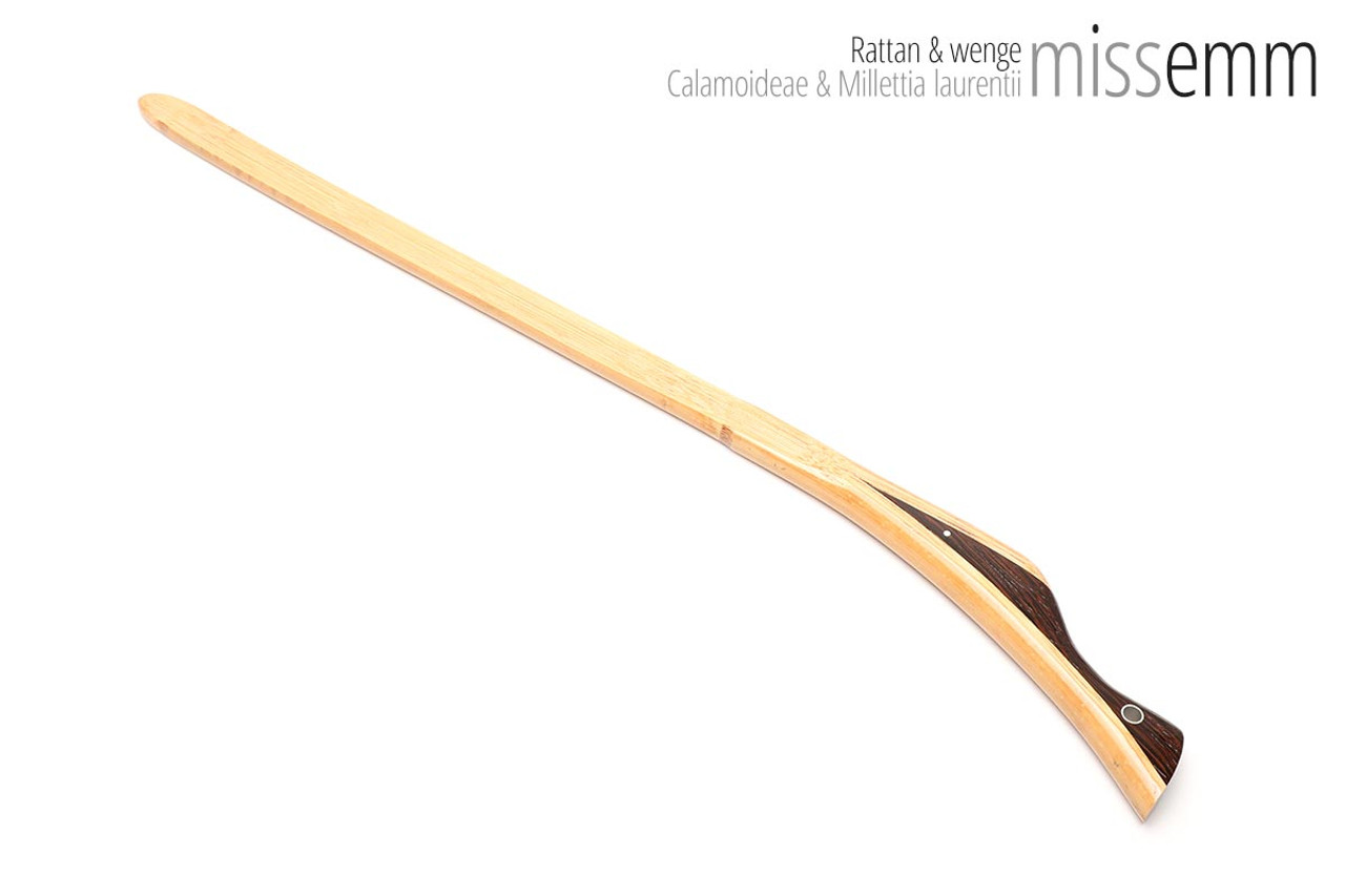 Unique handcrafted bdsm toys | Rattan spanking pane (flat bladed cane) | By kink artisan Miss Emm | This beautiful discipline implement is made from rattan with a wenge handle and aluminium details. If you like unique, attractive and functional kink toys then Miss Emm's creations will be right at home in your toy collection.