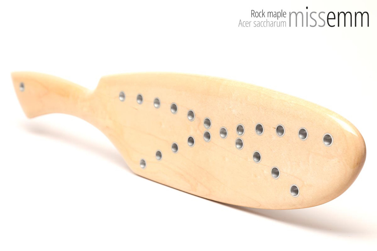 Unique handmade bdsm toys | Wooden spanking paddle with holes | By kink artisan Miss Emm | Made from rock maple with aluminium details.