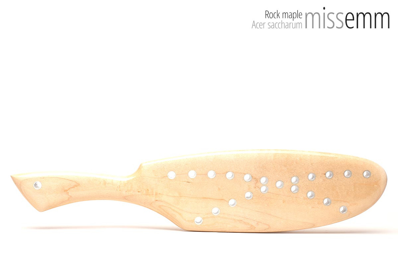 Unique handmade bdsm toys | Wooden spanking paddle with holes | By kink artisan Miss Emm | Made from rock maple with aluminium details.