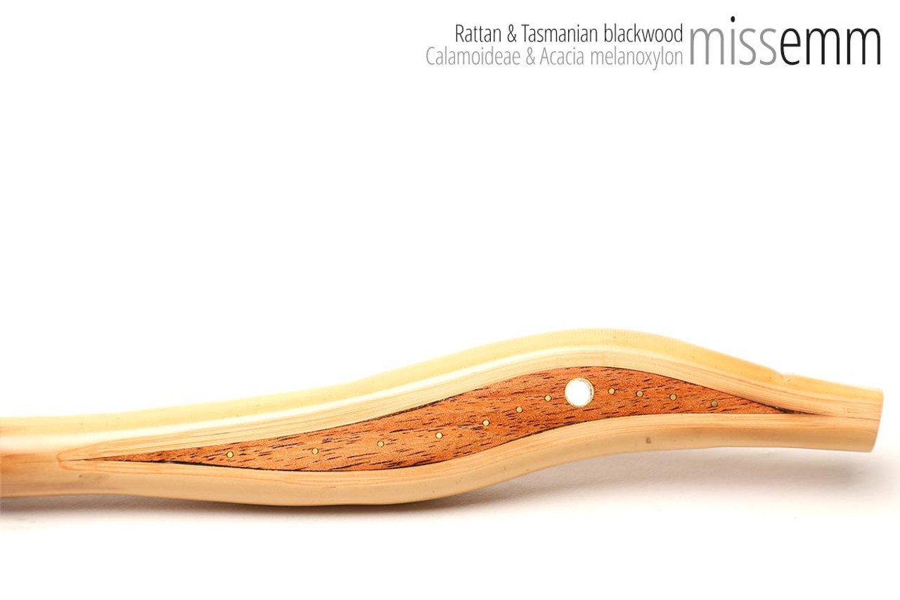 Unique handcrafted bdsm toys | Rattan spanking pane (flat bladed cane) | By kink artisan Miss Emm | The shaft is made from rattan cane and the handle has been handcrafted from Tasmanian blackwood with brass details.