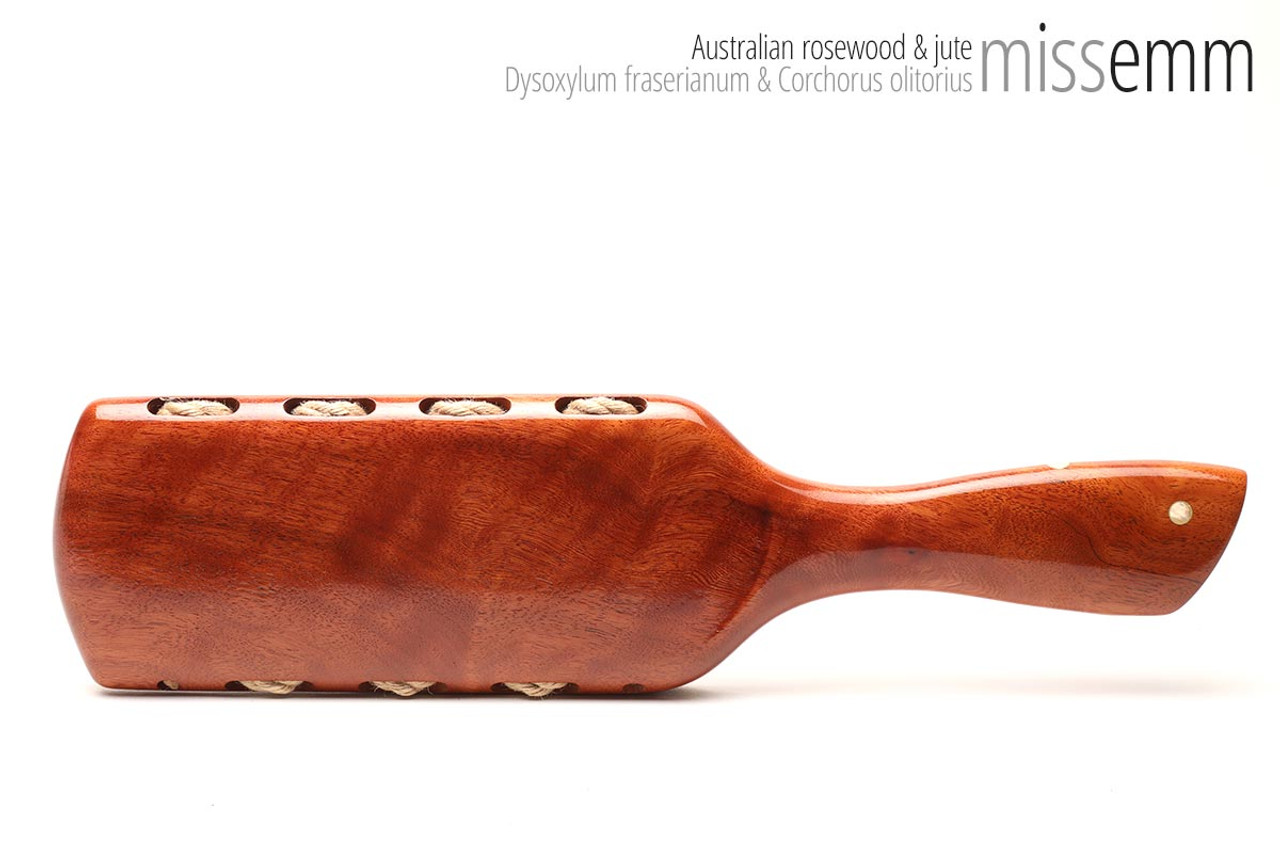 Unique handmade spanking toys | Rope paddle | Created by Australian kink artisan Miss Emm | This paddle is made from Australian rosewood with brass details and jute rope | The perfect addition to your kink toy box.