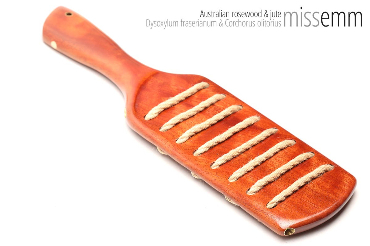 Unique handmade spanking toys | Rope paddle | Created by Australian kink artisan Miss Emm | This paddle is made from Australian rosewood with brass details and jute rope | The perfect addition to your kink toy box.