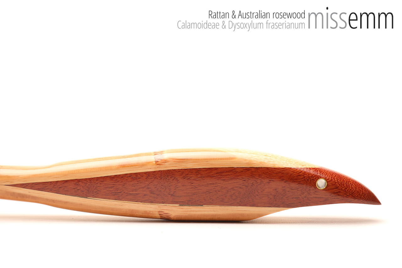 Unique handcrafted bdsm toys | Rattan spanking pane (flat bladed cane) | By kink artisan Miss Emm | The shaft is made from rattan cane and the handle has been handcrafted from Australian rosewood with brass details.