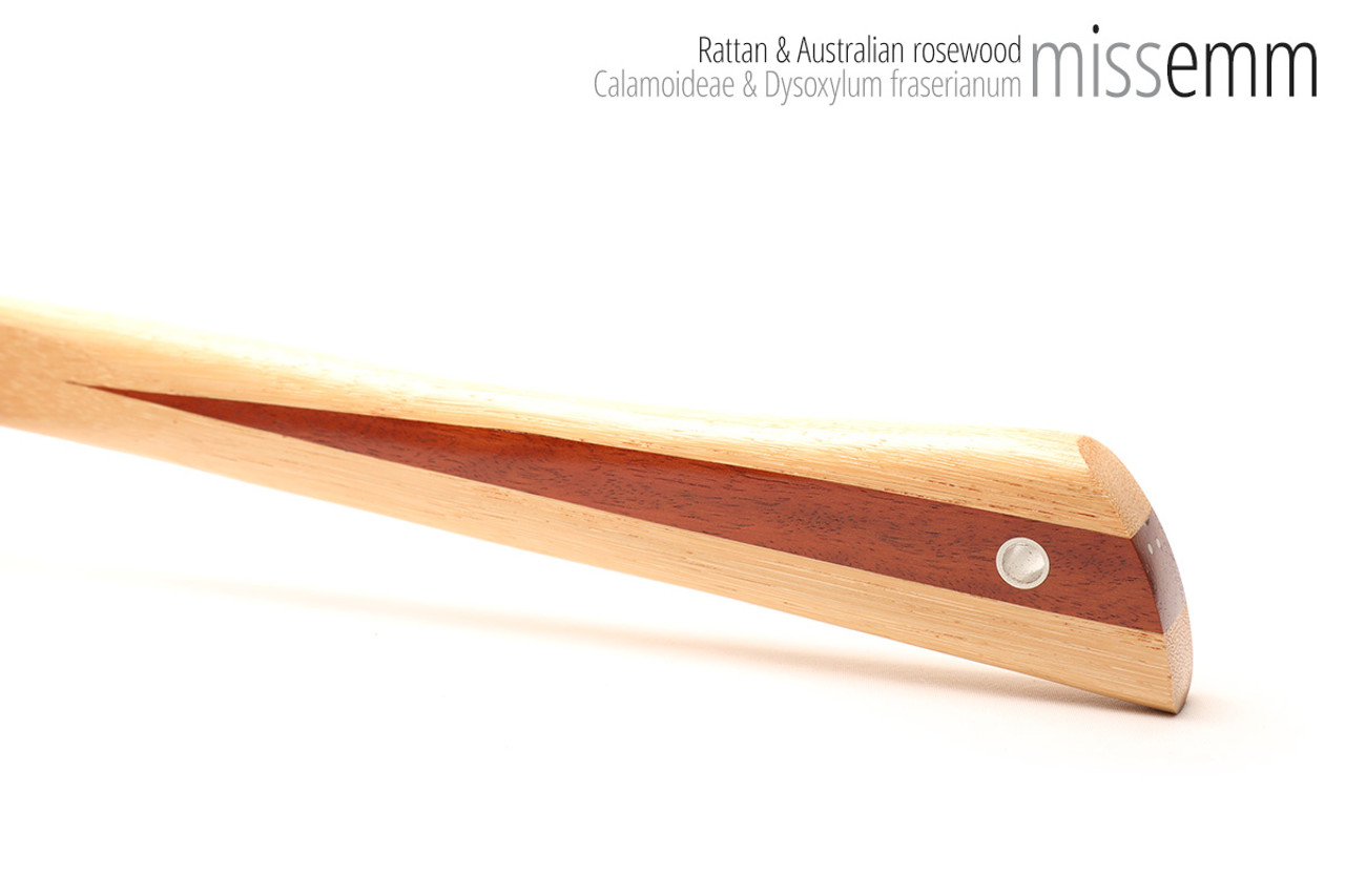 Unique handcrafted bdsm toys | Rattan spanking pane (flat bladed cane) | By kink artisan Miss Emm | The shaft is made from rattan cane and the handle has been handcrafted from Australian rosewood with aluminium details.