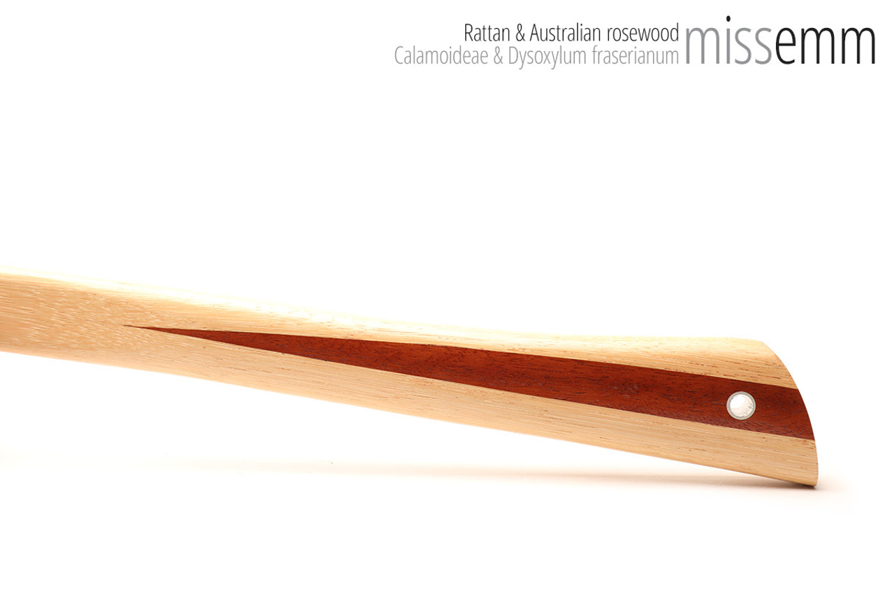 Unique handcrafted bdsm toys | Rattan spanking pane (flat bladed cane) | By kink artisan Miss Emm | The shaft is made from rattan cane and the handle has been handcrafted from Australian rosewood with aluminium details.