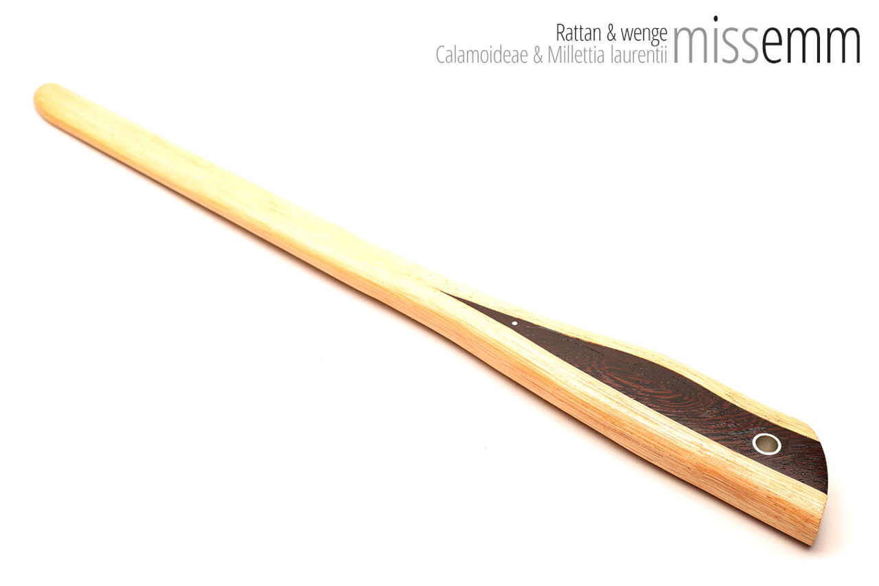 Unique handcrafted bdsm toys | Rattan spanking pane (flat bladed cane) | By kink artisan Miss Emm | The shaft is made from rattan cane and the handle has been handcrafted from wenge with aluminium details.