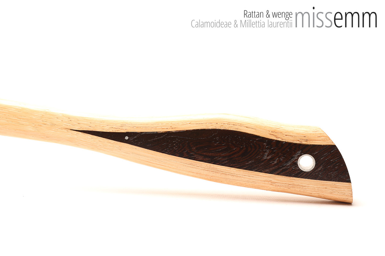 Unique handcrafted bdsm toys | Rattan spanking pane (flat bladed cane) | By kink artisan Miss Emm | The shaft is made from rattan cane and the handle has been handcrafted from wenge with aluminium details.