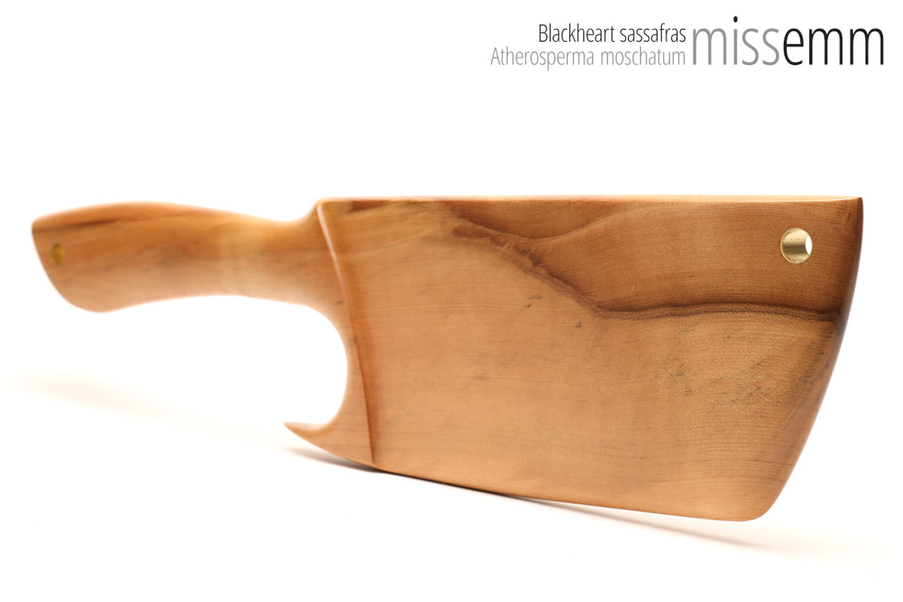 Unique handcrafted bdsm toys | Wooden spanking paddle | By kink artisan Miss Emm | Made from blackheart sassafras with brass details.
