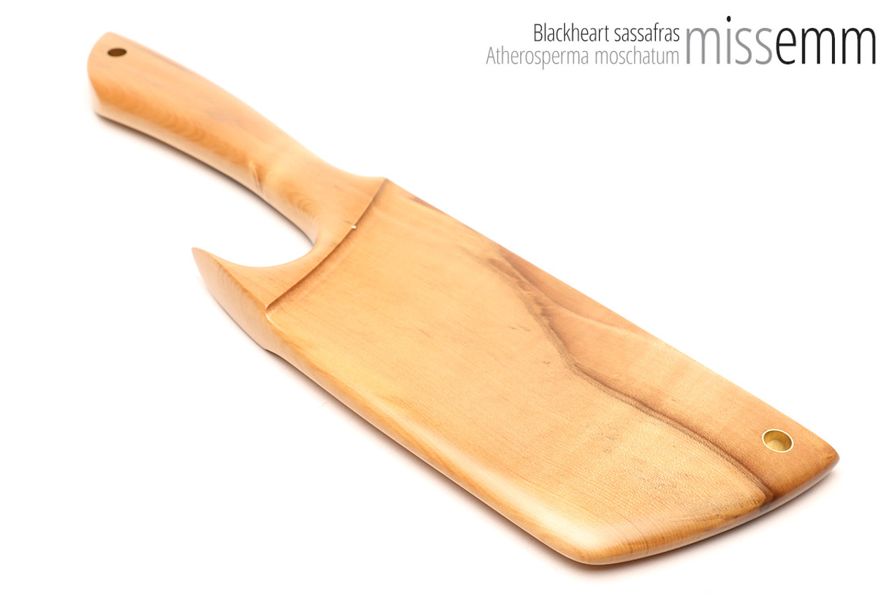 Unique handcrafted bdsm toys | Wooden spanking paddle | By kink artisan Miss Emm | Made from blackheart sassafras with brass details.