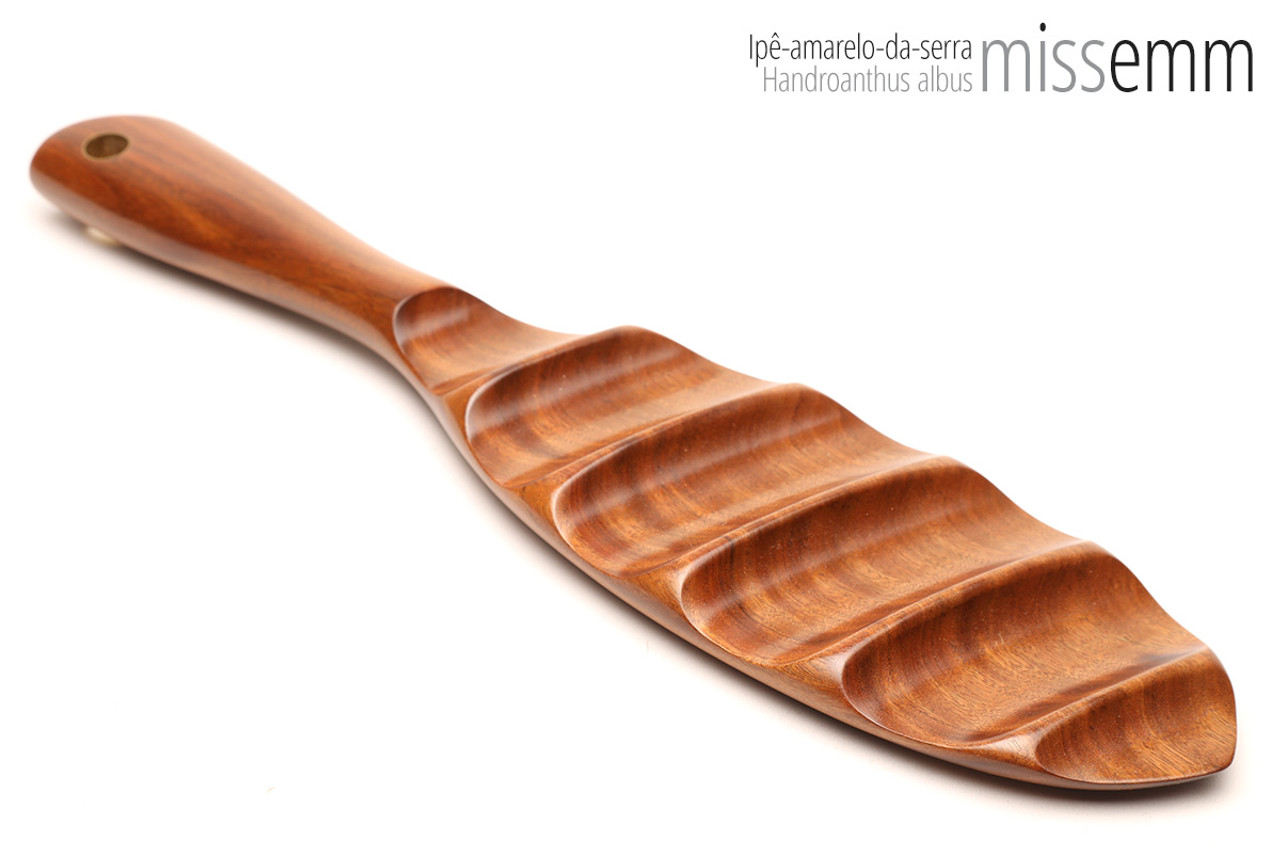 Unique handcrafted bdsm toys | Wooden spanking paddle | By kink artisan Miss Emm | Made from ipê-amarelo-da-serra with brass details.
