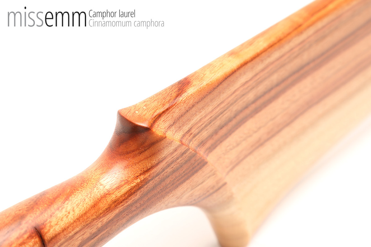 Unique handcrafted bdsm toys | Wooden spanking paddle | By kink artisan Miss Emm | Made from camphor laurel with brass details.