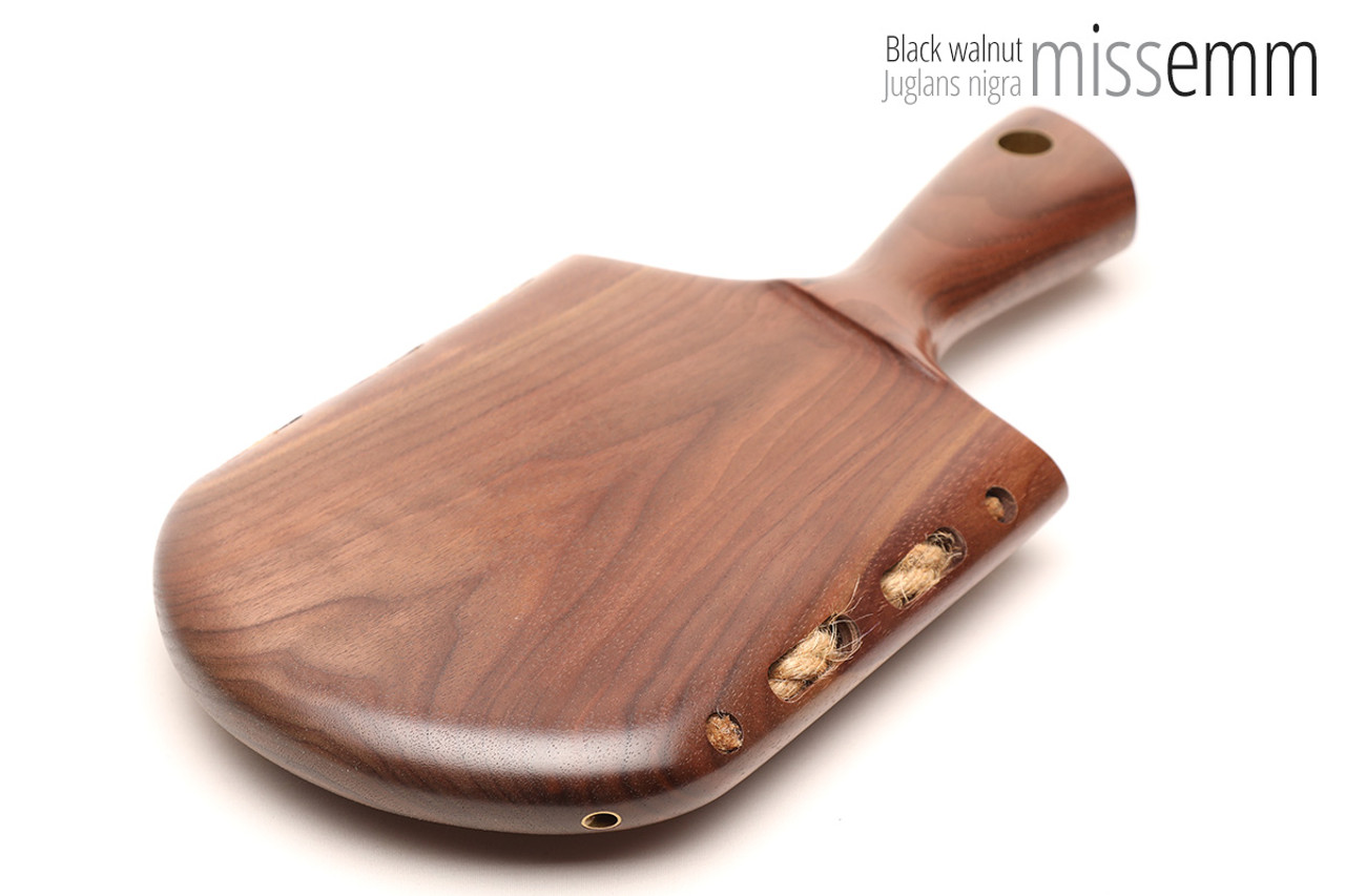 Unique handcrafted bdsm toys | Wooden spanking paddle | By kink artisan Miss Emm | Made from black walnut with brass details.