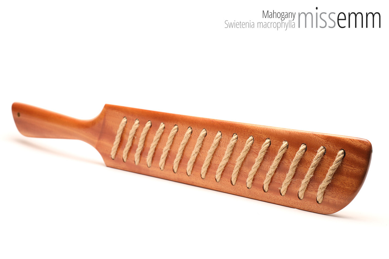 Unique handcrafted bdsm toys | Wooden spanking paddle | By kink artisan Miss Emm | Made from mahogany with brass details.