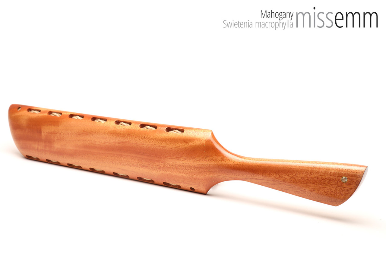 Unique handcrafted bdsm toys | Wooden spanking paddle | By kink artisan Miss Emm | Made from mahogany with brass details.