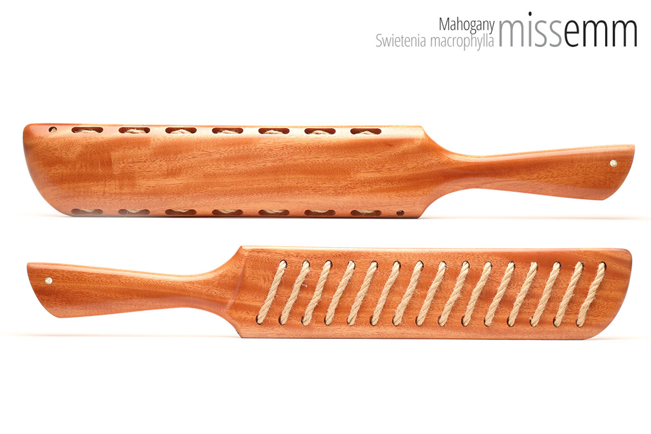 Unique handcrafted bdsm toys | Wooden spanking paddle | By kink artisan Miss Emm | Made from mahogany with brass details.