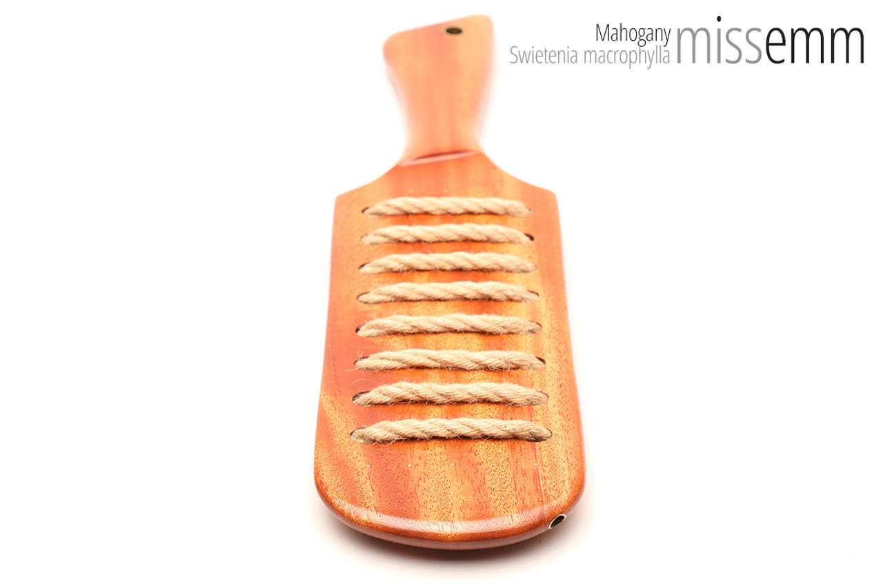 Unique handcrafted bdsm toys | Wooden spanking paddle | By kink artisan Miss Emm | Made from mahogany with brass details.