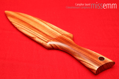 Unique handcrafted spanking toys | Wooden paddle | By kink artisan Miss Emm | Made from camphor laurel with brass details.