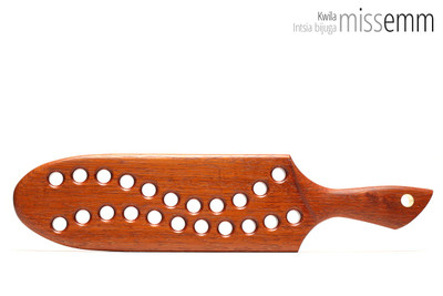 Unique handcrafted bdsm toys | Wooden spanking paddle | By kink artisan Miss Emm | Made from kwila with aluminium details.