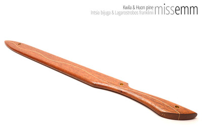 Unique handmade fetish toys | Long spanking paddle | Made from kwila and Huon pine with brass details | This long slender paddle was hand crafted by Australian fetish artisan Miss Emm. 