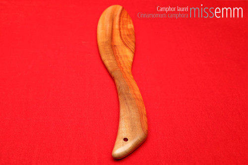 Unique handcrafted spanking toys | Wooden paddle | By kink artisan Miss Emm | Made from camphor laurel with brass details.