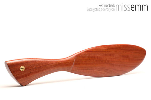 Unique handcrafted spanking toys | Wooden paddle | By kink artisan Miss Emm | Made from red ironbark with brass details.