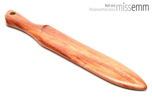 Unique handcrafted spanking toys | Wooden paddle | By kink artisan Miss Emm | Made from red siris with brass details.