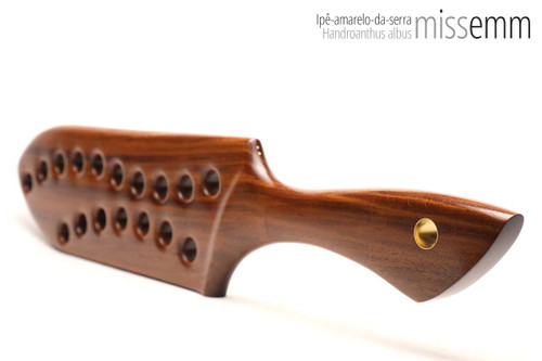 Unique handcrafted spanking toys | Wooden paddle | By kink artisan Miss Emm | Made from ipê-amarelo-da-serra with brass details.