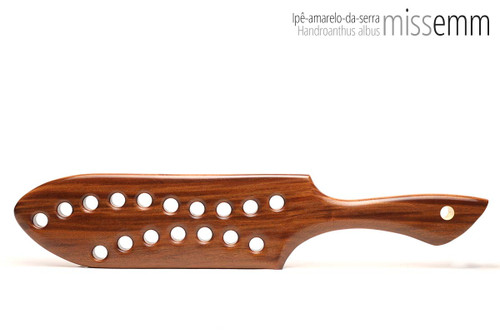 Unique handcrafted spanking toys | Wooden paddle | By kink artisan Miss Emm | Made from ipê-amarelo-da-serra with brass details.