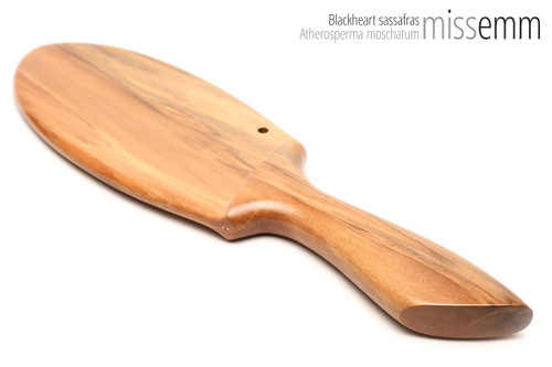 Unique handcrafted spanking toys | Wooden paddle | By kink artisan Miss Emm | Made from blackheart sassafras with brass details.