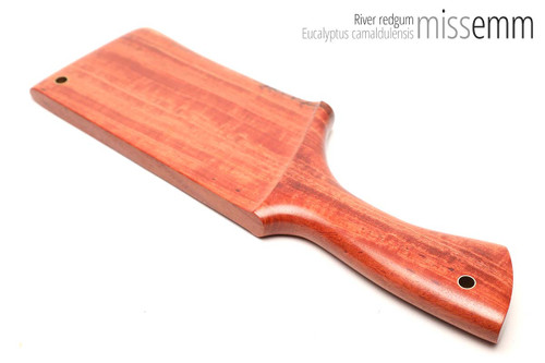 Unique handcrafted spanking toys | Wooden paddle | By kink artisan Miss Emm | Made from redgum with brass details.