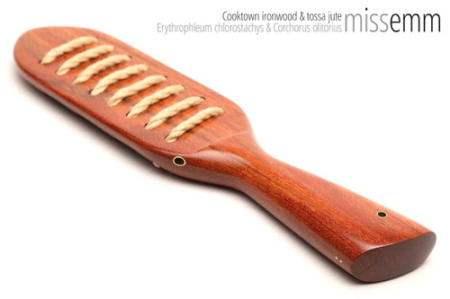 Unique handcrafted spanking toys | Wooden paddle | By kink artisan Miss Emm | Made from Cooktown ironwood with brass details.