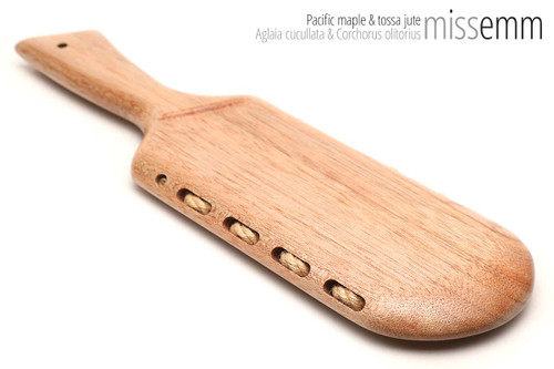 Unique handcrafted spanking toys | Wooden paddle | By kink artisan Miss Emm | Made from Pacific maple with brass details.