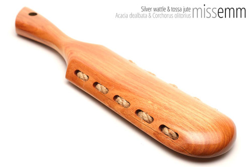 Unique handcrafted spanking toys | Wooden paddle | By kink artisan Miss Emm | Made from silver wattle with brass details.