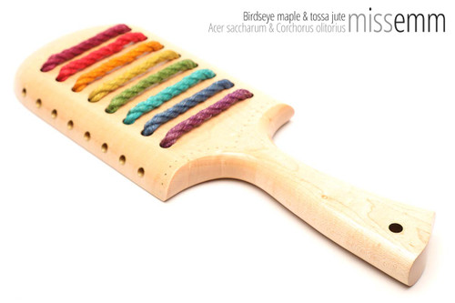 Unique handcrafted spanking toys | Wooden paddle | By kink artisan Miss Emm | Made from birdseye maple and jute with brass details.