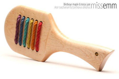 Unique handcrafted spanking toys | Wooden paddle | By kink artisan Miss Emm | Made from birdseye maple and jute with brass details.