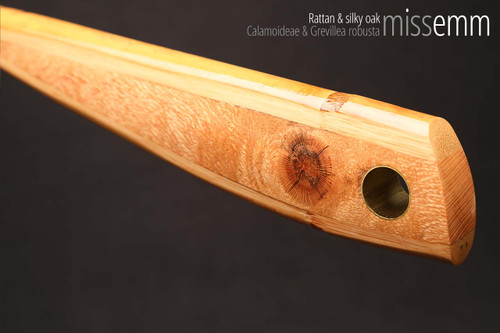 Unique spanking toys | Rattan pane (flat bladed cane) | By kink artisan Miss Emm | The shaft is made from rattan cane and the handle has been handcrafted from silky oak with brass details.