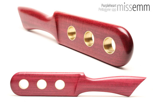Unique handcrafted spanking toys | Wooden paddle | By kink artisan Miss Emm | Made from purpleheart with brass and aluminium details.