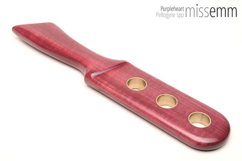 Unique handcrafted spanking toys | Wooden paddle | By kink artisan Miss Emm | Made from purpleheart with brass and aluminium details.