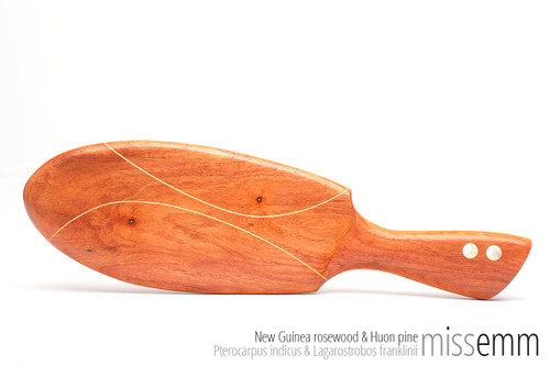 Unique spanking toys | Wooden paddle | By fetish artisan Miss Emm | Handcrafted from New Guinea rosewood with Huon pine lines and brass details, this paddle will make a fine addition to your bdsm toybox.