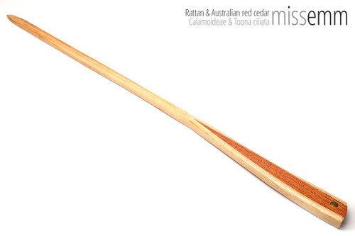 Unique handcrafted bdsm toys | Rattan spanking pane (flat bladed cane) | By kink artisan Miss Emm | The shaft is solid rattan and the handle is made from Australian red cedar with brass details. This long and luxurious kink implement will take pride of place in any dungeon :)