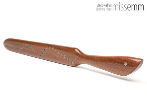 Unique handcrafted bdsm toys | Wooden spanking paddle | By kink artisan Miss Emm | Made from black walnut with aluminium and brass details