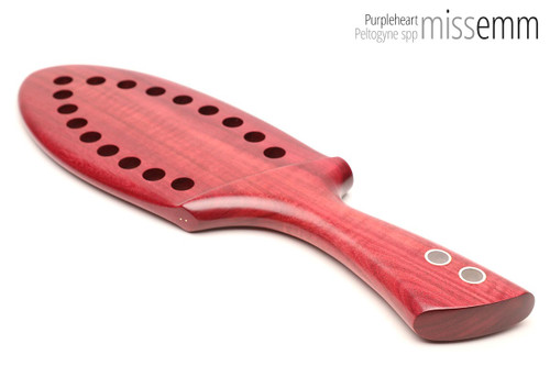 Unique handcrafted bdsm toys | Wooden spanking paddle with holes | By kink artisan Miss Emm | Made from purpleheart with aluminium details.