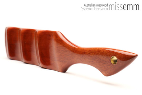 Unique handcrafted bdsm toys | Wooden spanking paddle | By kink artisan Miss Emm | Made from Australian rosewood with brass details.