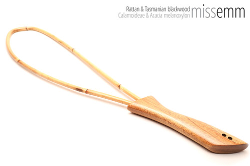 Unique handcrafted bdsm toys | Rattan loop cane | By kink artisan Miss Emm | The shaft is made from rattan cane and the handle has been handcrafted from Tasmanian blackwood with brass details.