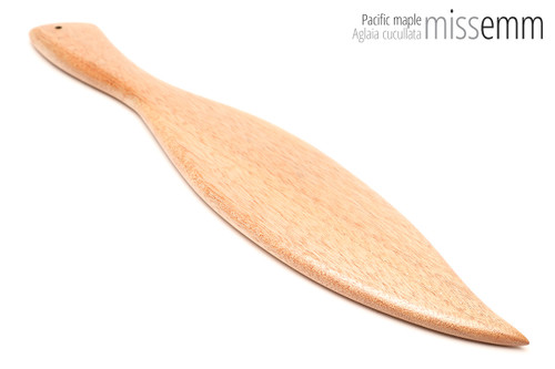 Unique handcrafted bdsm toys | Wooden spanking paddle | By kink artisan Miss Emm | Made from Pacific maple with brass details.