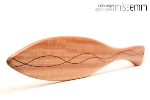 Unique handcrafted bdsm toys | Wooden spanking paddle | By kink artisan Miss Emm | Made from Pacific maple with brass details.