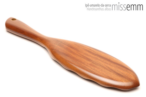 Unique handcrafted bdsm toys | Wooden spanking paddle | By kink artisan Miss Emm | Made from ipê-amarelo-da-serra with brass details.