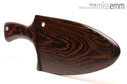 Unique handcrafted bdsm toys | Wooden spanking paddle | By kink artisan Miss Emm | Made from wenge with aluminium details.