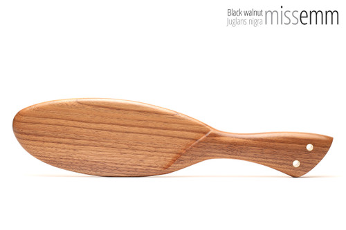 Unique handcrafted bdsm toys | Wooden spanking paddle | By kink artisan Miss Emm | Made from black walnut with brass details.