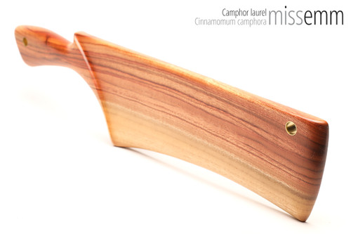 Unique handcrafted bdsm toys | Wooden spanking paddle | By kink artisan Miss Emm | Made from camphor laurel with brass details.